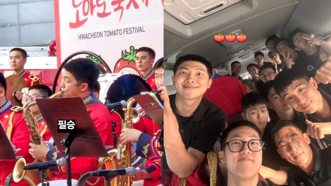 RM shows off saxophone talent with military band at Hwacheon tomato festival